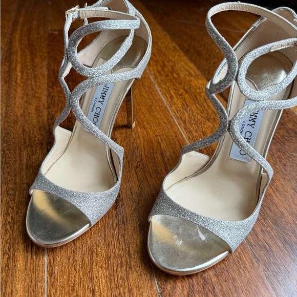 Jimmy Choo Metallic Neutral Glitter Strappy HeelsSize 37.5Box & Dust Bag